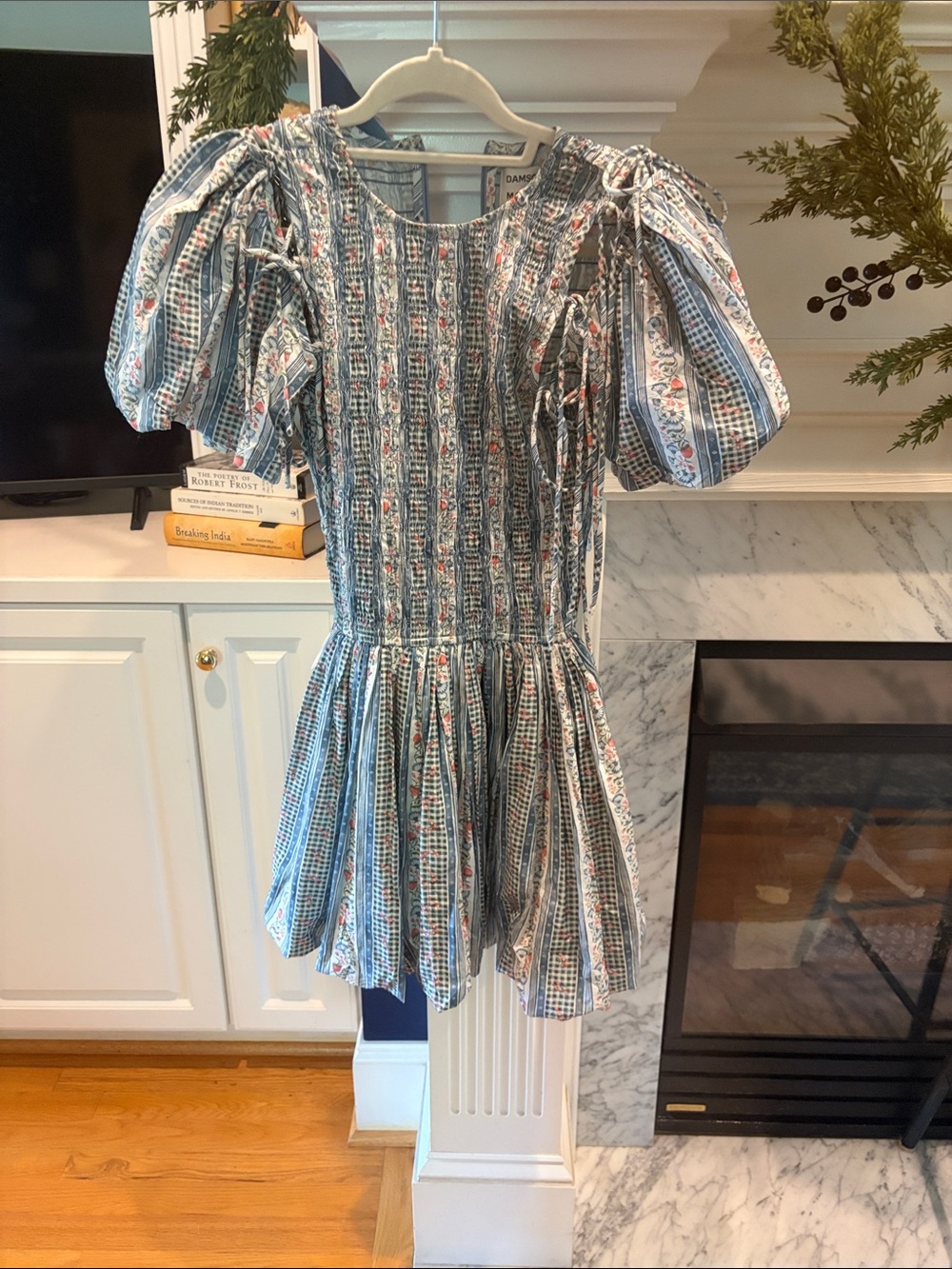 Blue Floral Gingham Puff-Sleeve Casual Dress